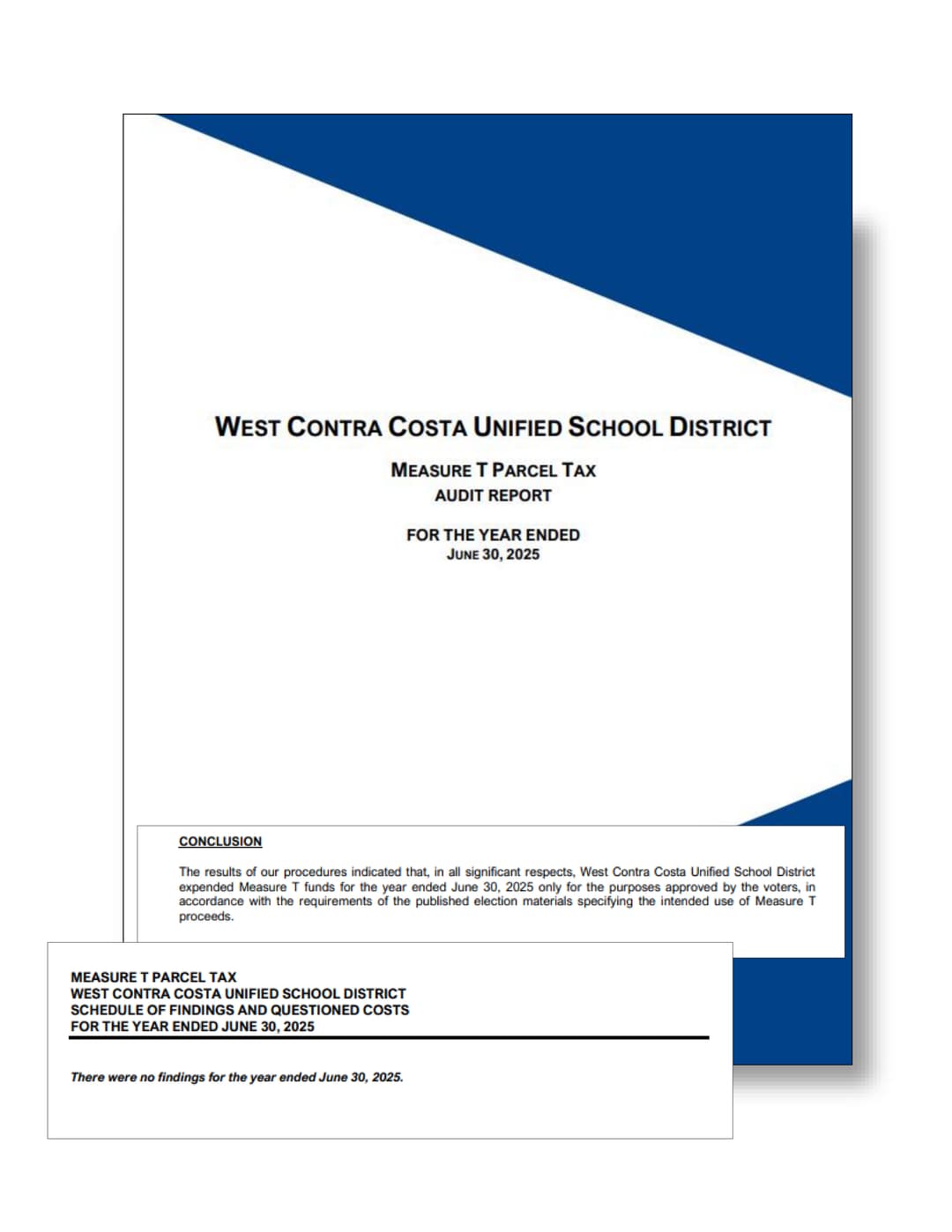 Cover page of the West Contra Costa Unified School District 2025 Measure T Parcel Tax audit report, showing no findings for the year ended June 30, 2025