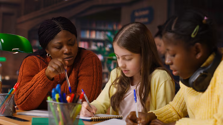A teacher assisting students with classwork in a West Contra Costa classroom
